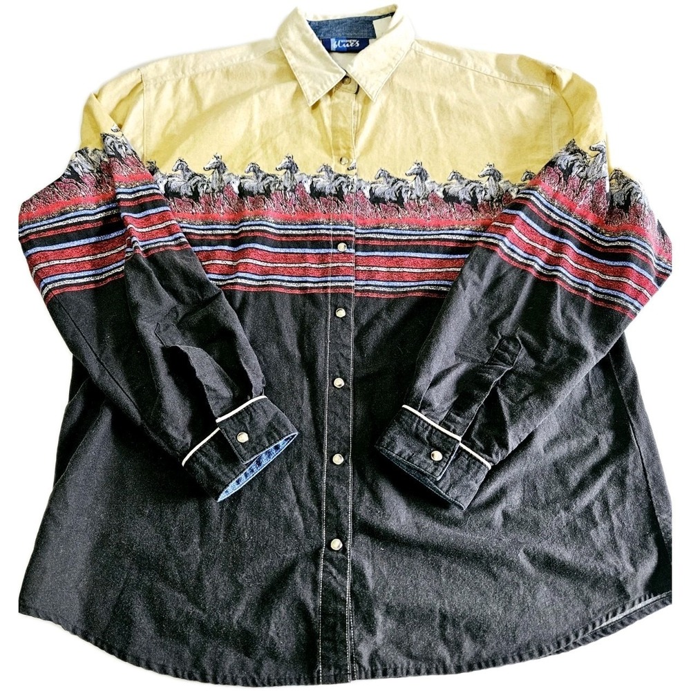 NOS Men's Vintage WRANGLER Blues Horse Print Western Pearl Snap L/S Shirt XL